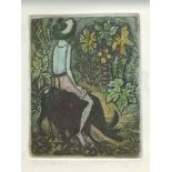 Manuel Rodriguez, Sr. (Filipino, 1912-2017) - Coloured etching - Boy on Carabao, inscribed in