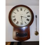 A Victorian mahogany cased drop dial wall clock with fusee movement, the repainted dial marked 'John