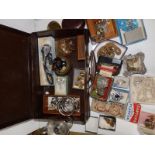 A leather case & contents costume jewellery and other items.