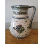 A Cantagalli maiolica jug decorated with a fish pattern, 12" high and a Cantagalli two-handled jar