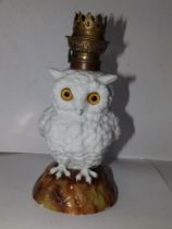A Victorian porcelain white owl lamp base, 10" high overall.