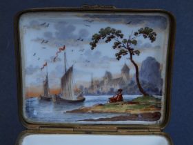 An antique gilt metal mounted German porcelain box in Meissen style, of rectangular form,