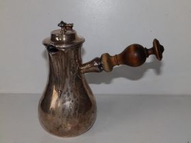 A French silver baluster chocolate with turned wooden handle - 'LJMB', 6.75" high.