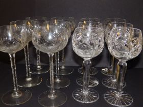 Two sets of six Bohemian cut crystal hock glasses, 7.3" & 7.5". (12)