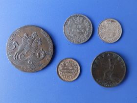 A 1796 copper Promissory halfpenny, a 1799 farthing, 1875 sixpence, 1877 & 1881 threepence pieces,