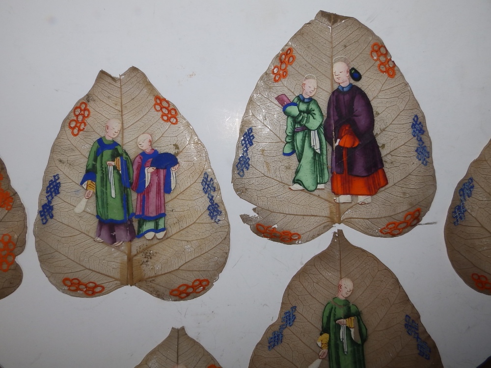 11 Chinese Qing Dynasty 'sacred fig' paintings on Peepal (Bodhi) leaves, each depicting either one - Image 2 of 6