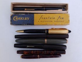 A boxed Croxley fountain pen, Conway Stewart 'Dinkie 550' & 'Universal' pens, a Waterman's Ideal,