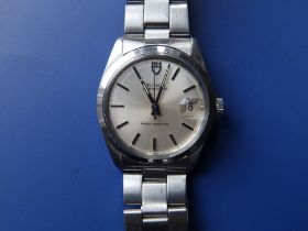 A 1972 gent's stainless steel Tudor Oysterdate bracelet wrist watch, the silvered with centre