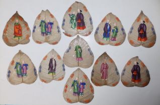 11 Chinese Qing Dynasty 'sacred fig' paintings on Peepal (Bodhi) leaves, each depicting either one