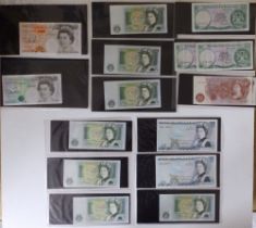 QEII banknotes, including one pound A45 842251/2/3 and B24N 212022/3, BT24N 212026/7, CT78 570589/