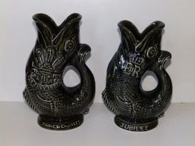 Two Dartmouth Pottery royal commemorative gurgle jugs - Charles & Diana's Wedding, 9.5" and Queen'