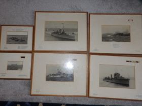 Six framed black & white photographs of WWII period Royal Navy ships, having typed captions naming