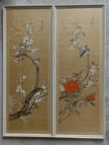 A pair of signed Chinese flower paintings on silk, 36" x 12". (2)
