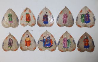 10 Chinese Qing Dynasty 'sacred fig' paintings on Peepal (Bodhi) leaves, each depicting either one