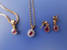 A modern 18ct gold ruby pendant on 9ct box link chain, a ruby cluster pendant on 9ct necklace
