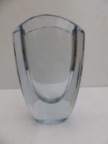 A Swedish signed glass colourless vase, of flattened U shape - B557 (?), 7.5" high - bruise to rim.