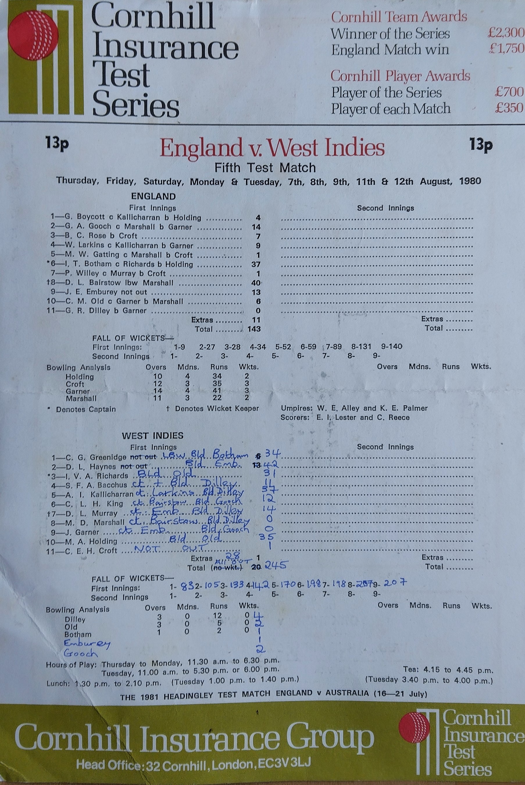 CRICKET - 1980 ENGLAND V WEST INDIES SIGNED HEADINGLEY SCORECARD - Image 2 of 2