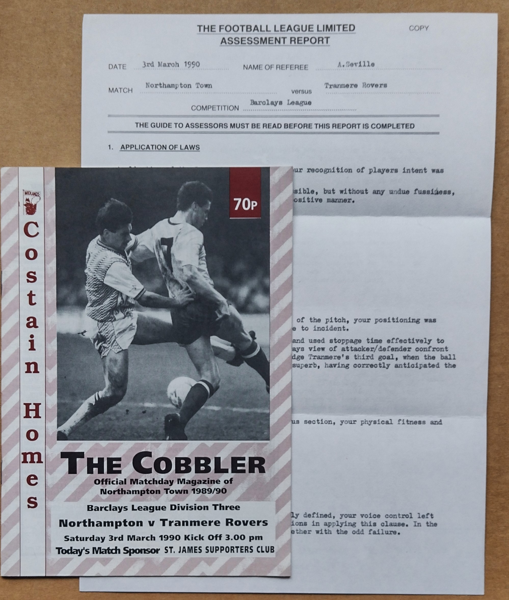 1989/90 NORTHAMPTON V TRANMERE REFEREE'S ASSESSMENT