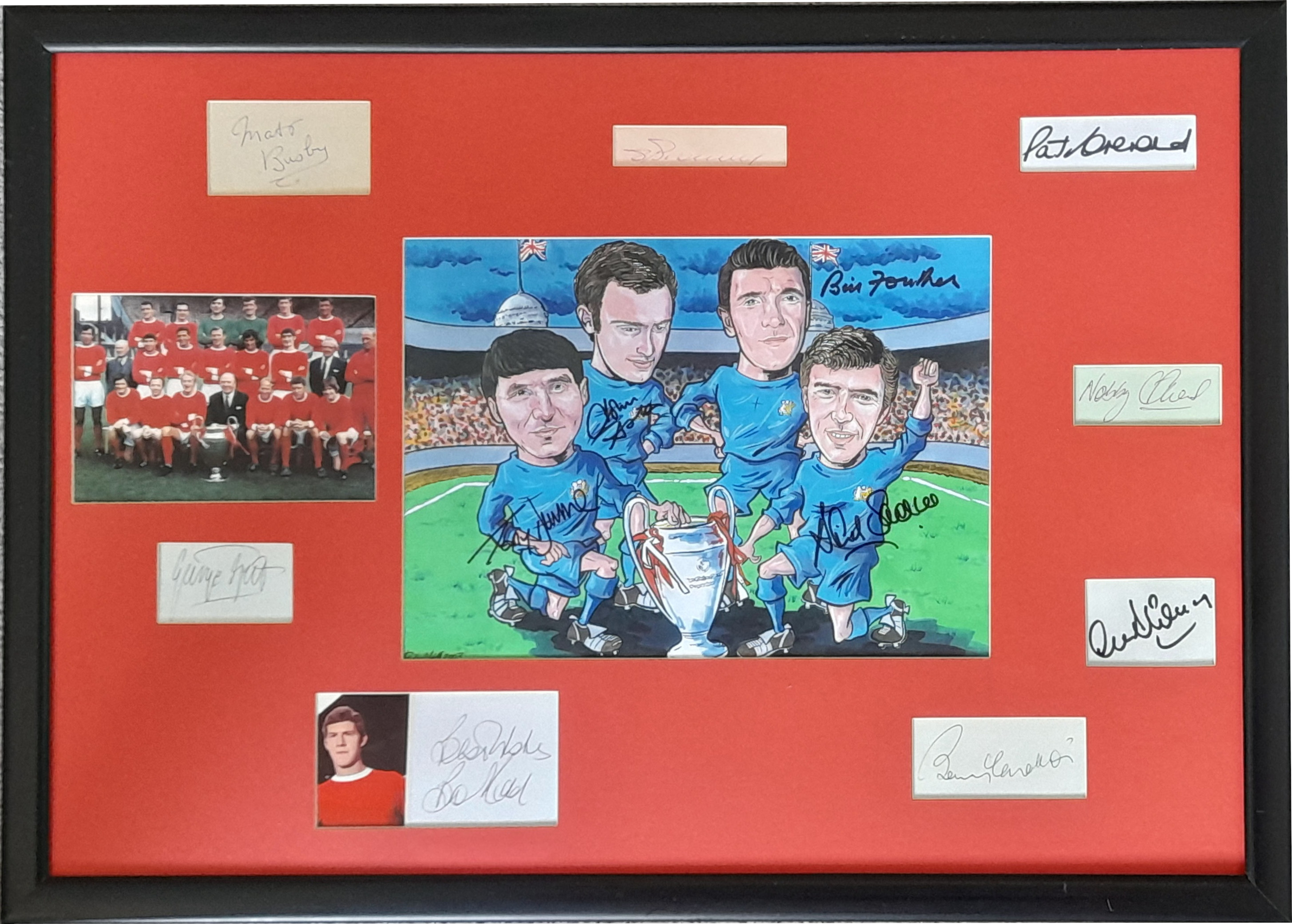 MANCHESTER UNITED 1968 EUROPEAN CUP WINNERS AUTOGRAPHED DISPLAY
