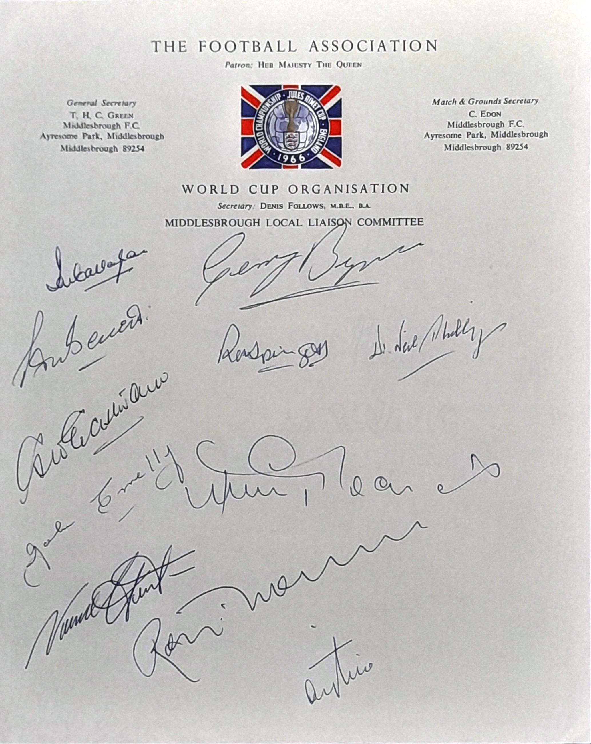 ENGLAND 1966 WORLD CUP ORIGINAL AUTOGRAPHED LETTERHEAD