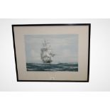 A framed and coloured maritime print, 'R