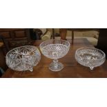 Three cut glass bowls, one raised on foot, diameters 23 cm,