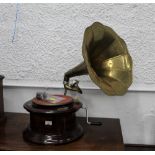 Circular horn gramophone and bag of vintage needle tins