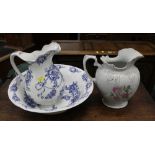 Victorian blue and white wash basin and jug and floral jug