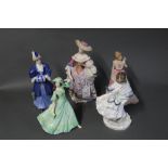 Five figural ornaments, Coalport "Visiting Day", "The Lady Harriet", "Coming of Age",