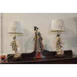 Pair of oriental figural table lamps with shades, height +/- 60 cm, and an oriental figurine,
