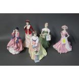 Five Royal Doulton figurines "Clarissa", "Sally", "Top O' The Hill",