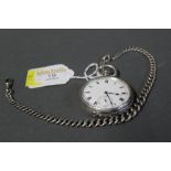 Silver cased full Hunter pocket watch with silver chain,