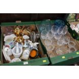 Two boxes of glassware, jugs, clock, barometer,