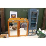 Painted cabinet with glass door and four drawers and two mirror door cabinet with glass shelves,