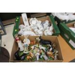 Box of ornaments and box of Wedgwood Susie Cooper design Glen Mist coffee cans and saucers and