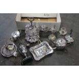 Silver plated candelabra, lamp, hot water jugs,