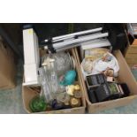 Two boxes of soda stream, adjustable tripod seat, cards, glassware,