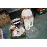 Two boxes of lamp, decanter, planter, jug, bowls,