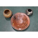 Studio Pottery bowl, 49 cm diameter, and two vases,