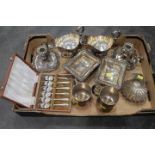 Box of plated ware, pair of candlesticks, pair of jugs,