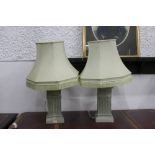 Pair of decorative table lamps and shades with square column bases,