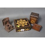 Four wooden boxes, Black Forest cabin inkwell holder,