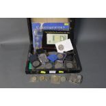 Box of pound note and coins to include crowns, £2 coins, pennies,