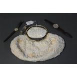 Beadwork handbag with purse, wristwatches,