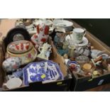 Two boxes of china and glassware, Prattware lid, Staffordshire dog, creamer,