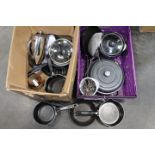 Two boxes of kitchenware, pans, slow cooker,