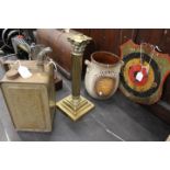 Vintage paraffin tin, brass oil lamp column,