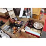 Two boxes of collectables, coins, microscope kit, cameras, CDs,