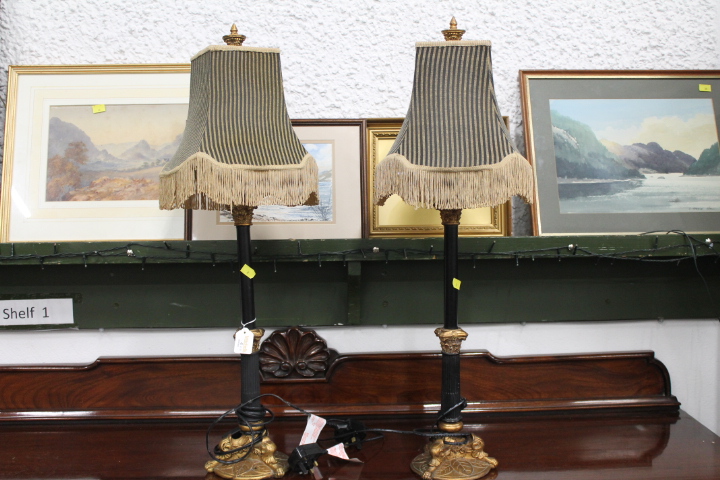 Pair of decorative table lamps with shades, column bases,