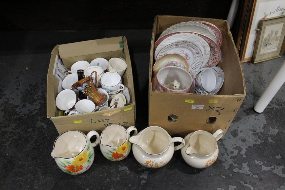 Two boxes of china, bowls, decorative plates,